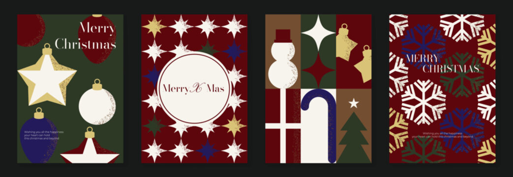 Christmas and Happy New Year 2027 vector poster collection with colorful collage stars, snowman, ribbons, ornaments and bold red blue cream snowflake patterns