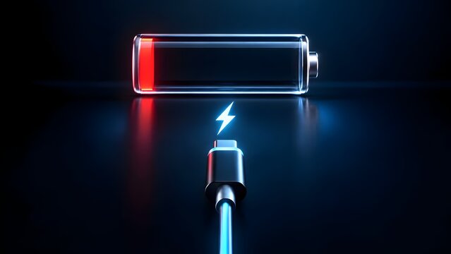 Low battery warning concept with empty glass battery cell and glowing blue charging cable on dark background.