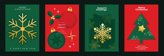Obraz premium Christmas and Happy New Year 2027 vector poster collection with red and green ornaments, snowflakes, geometric trees and bold modern festive backgrounds