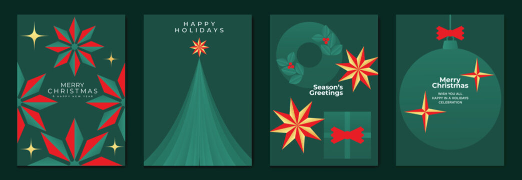 Christmas and Happy New Year 2027 vector poster collection with dark green wreath, stylized tree, red bows, poinsettia inspired flowers and retro festive graphics