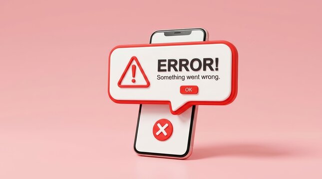 Mobile app UI error notification with a 3D bubble and smartphone displaying something went wrong.