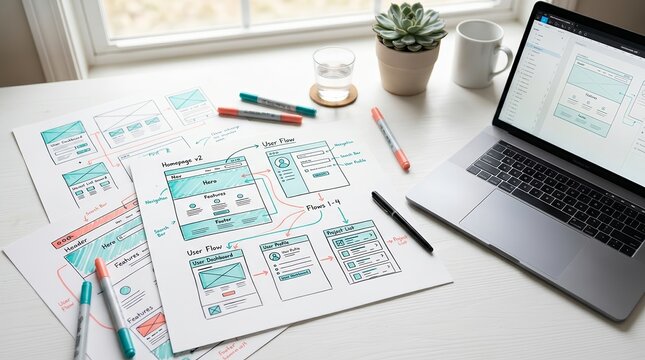 Web design process featuring hand-drawn wireframes and a laptop for digital product development.