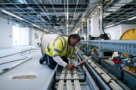 Data center construction technician pulling cable into a metal tray, concentrated woman working in a dusty server room for skilled trades