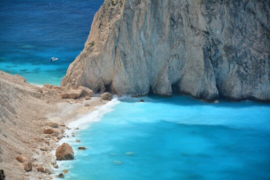 Zakynthos island in Greece. Beautiful landscape Mizithres rock formation in Ionian sea. Turquoise water.