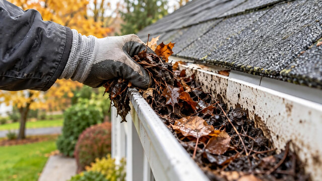 Residential gutter clogged with leaves during autumn roof maintenance inspection