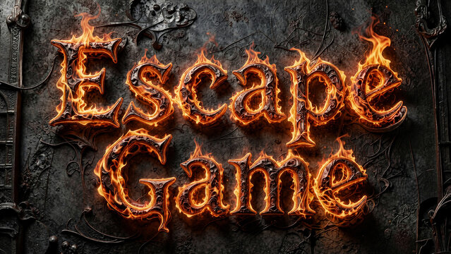 Texte Escape Game en lettres de feu enflamm&eacute;es sur fond de mur de pierre sombre et gothique