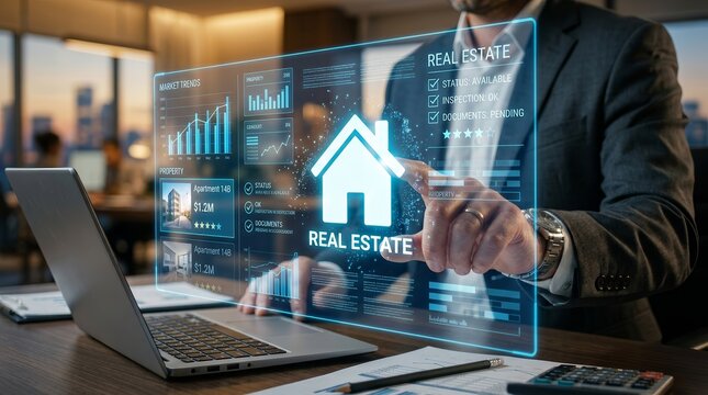 Real estate technology concept showing a house icon and online mortgage smart contracts on a laptop.