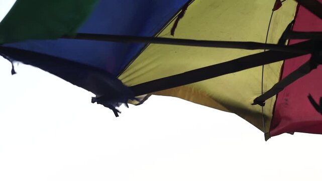 Vibrant Sun Umbrella Canopy at Parang Tritis Beach, Yogyakarta - Colorful Parasol from Below with White Sky Background