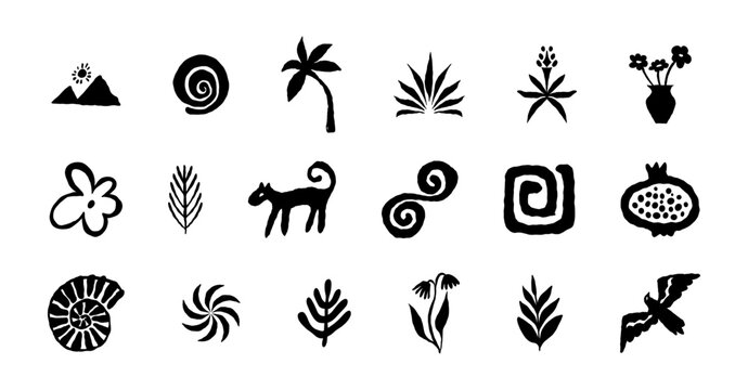 Hand Drawn Ancient Nature Glyphs Vector Set with Primitive Botanical Symbols, Animals, Spirals and Folk Elements for Branding, Packaging, Posters and Textile Design