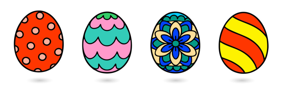 Four colorful patterned easter eggs isolated on a transparent background