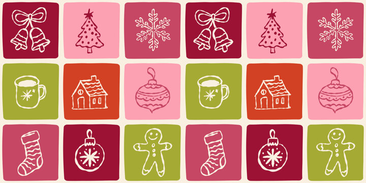 Vector Seamless Christmas pattern with hand-drawn holiday elements, geometric shapes, stars and festive ornaments, design template for wrapping paper, branding, greeting cards, prints