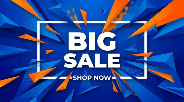 Powerful BIG SALE retail event background featuring an explosion of blue and orange geometric shapes.