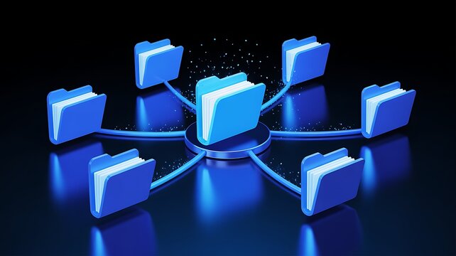 Digital folders connected in a network during a data transfer with glowing particles on a dark background