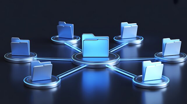 Digital network of glowing blue folders connected by light lines on a dark background symbolizing data sharing and organization
