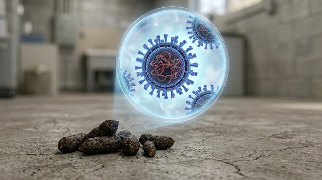 Infectious hantavirus particles shown through a magnified circular lens from rodent droppings.