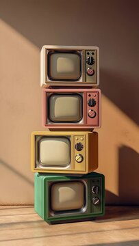 Stack of colorful retro vintage televisions in minimalist sunny room