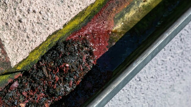 Drain clog with wet black leaf mat and silt in a galvanized metal gutter, showing weathered textures for maintenance and repair