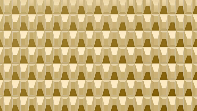 high-quality 3d realistic render of parametric golden wall art featuring a seamless faceted checker knurling pattern with luxurious metallic texture and modern geometric architectural panel design