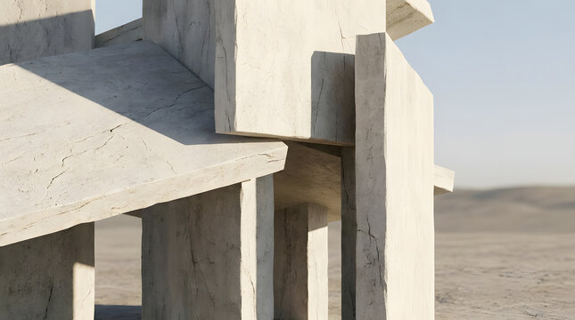 Minimalist concrete architectural structure with geometric stone slabs in a vast desert landscape under soft light.
