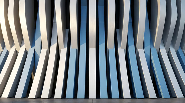 Modern futuristic architectural facade featuring blue and white curved vertical metallic slats in soft sunlight.