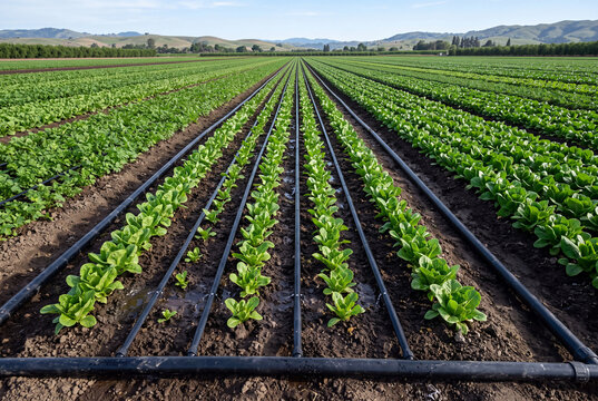 Wide row view drip irrigation lines alongside every crop row in farm field