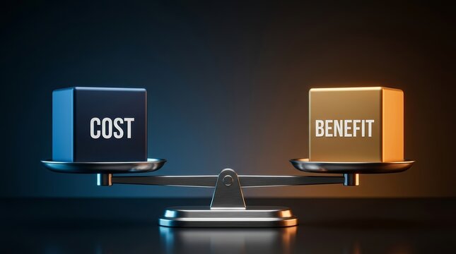 Risk management strategy concept with cost and benefit blocks on a metal scale.