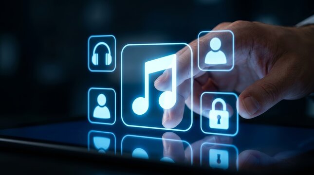Concept of digital rights management technology featuring a hand touching musical note and lock icons.
