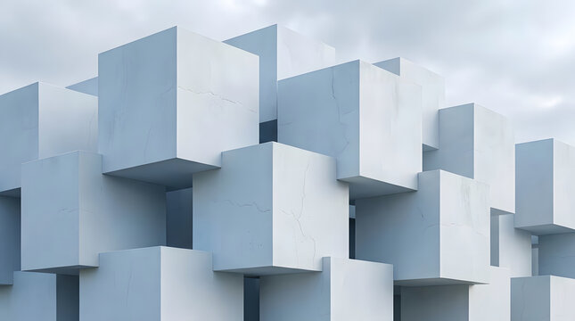 Abstract architectural composition featuring large white concrete cubes stacked together against a soft cloudy sky.
