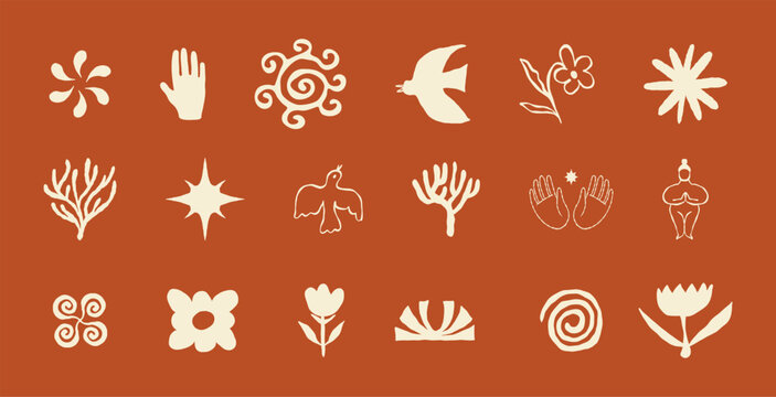 Hand Drawn Boho Mystical Vector Symbols Collection with Flowers, Birds, Hands, Figures, Spirals, Stars and Botanical Motifs for Branding, Packaging, Apparel, Posters and Tattoo Design