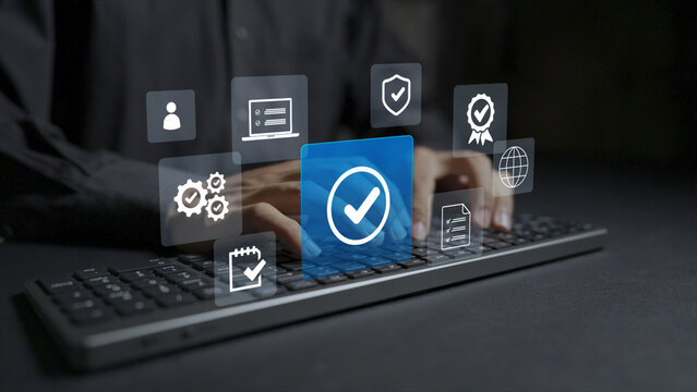 Quality control certification concept. Person typing on keyboard with ISO compliance badge, product approval checkmark and standard gear icons, corporate quality assurance system.