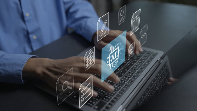Artificial intelligence data processing and document summary concept. Person using laptop with AI network, data file conversion and text summary icons, smart automation.