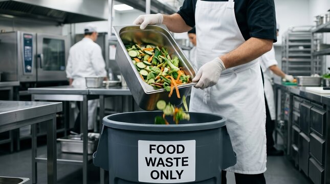 Sustainable kitchen practices featuring a chef disposing of organic vegetable scraps into a waste bin.
