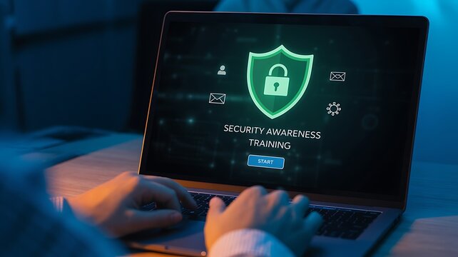 Hands typing on laptop displaying cybersecurity awareness training with glowing shield icon and digital interface