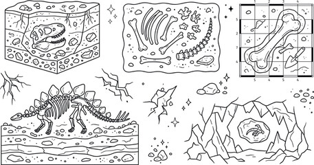 Dinosaur fossils and paleontology archaeology outline icon set featuring t-rex skull stegosaurus skeleton bones grid site and cave © MSTSINTIHA