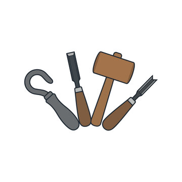 Set of woodworking hand tools including a wooden mallet and various steel chisels on white background