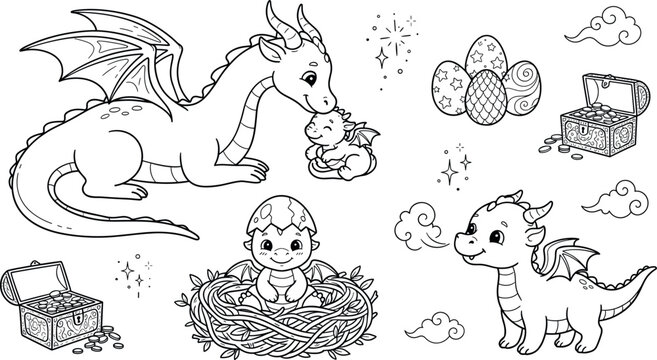 Cute dragons and fantasy vector doodles set with mother dragon baby hatching from egg treasure chest and mythical elements