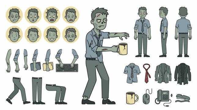 Zombie office worker character constructor kit, flat vector illustration with coffee mug, facial expressions, poses, costumes and accessories