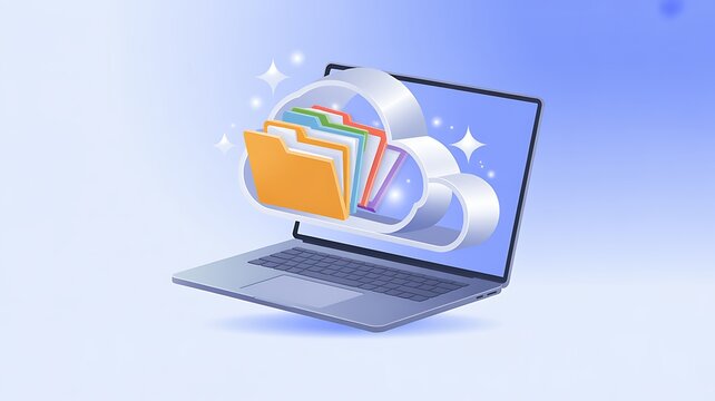 Laptop screen showing cloud storage with digital folders during online data backup concept
