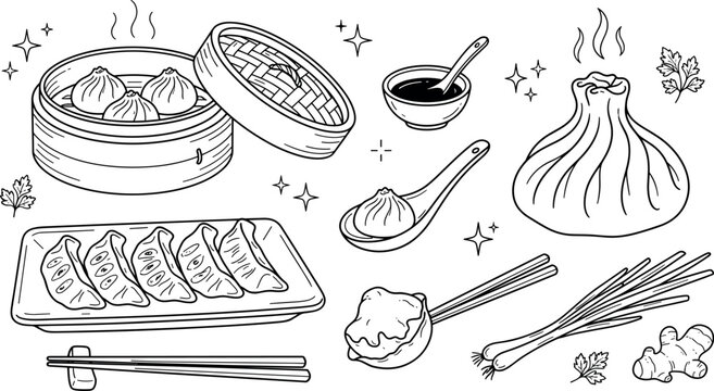 Chinese dim sum and gyoza dumplings outline icon set featuring bamboo steamer chopsticks khinkali sauce and ginger vector