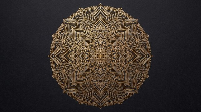 Intricate gold mandala pattern with detailed geometric symmetry on dark background