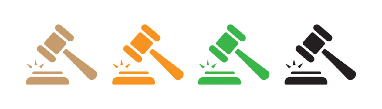 Colorful judge gavel icon set representing legal system law enforcement and auction bidding house activities.