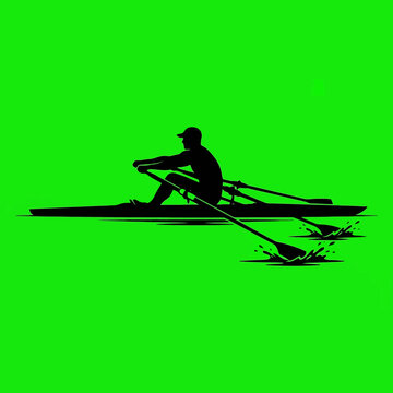 Rowing athlete silhouette pulling oars in scull boat on bright green background.