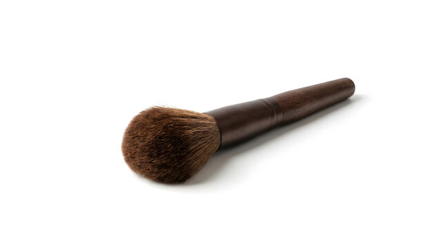Professional cosmetic brush for powder and blush application featuring a dark wooden handle on a white background.