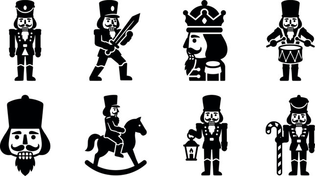 Christmas Black silhouette depictions of nutcracker soldiers and a king showcase traditional holiday figures on a white background army artistic blackcolor celebration