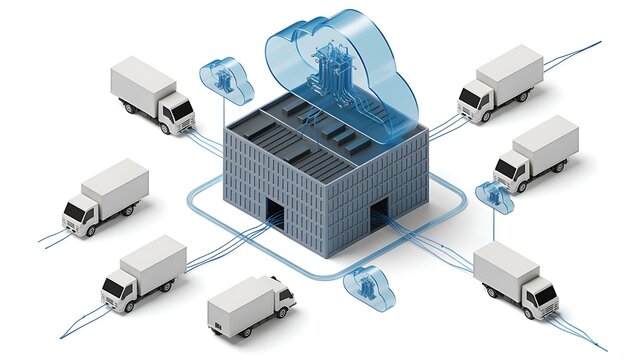 Modern logistics hub connected to cloud services with delivery trucks in isometric perspective