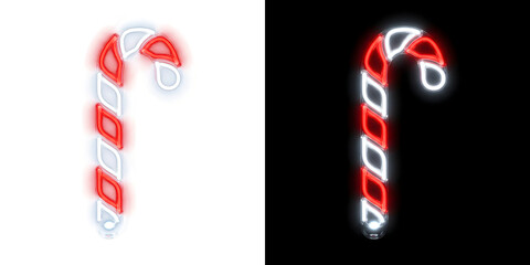 Christmas neon candy cane with glowing red and white stripes and a curved hook for greeting cards in PNG, Transparent and Black Background Versions © Rubel