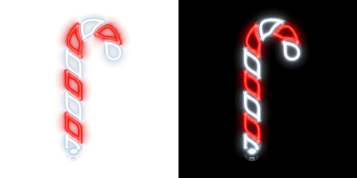 Christmas neon candy cane with glowing red and white stripes and a curved hook for greeting cards in PNG, Transparent and Black Background Versions