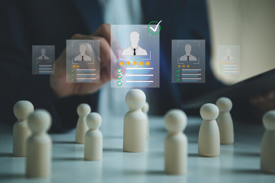 Human resources management with candidate selection interface recruiter evaluating employee profiles for talent acquisition hiring decisions workforce planning and business growth.