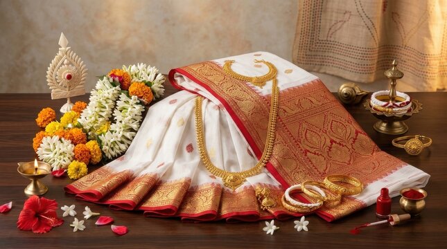 Traditional bengali wedding attire featuring a white and red silk saree with gold zari border, ornate gold jewelry, fresh flower garlands, and ritual items on a wooden surface