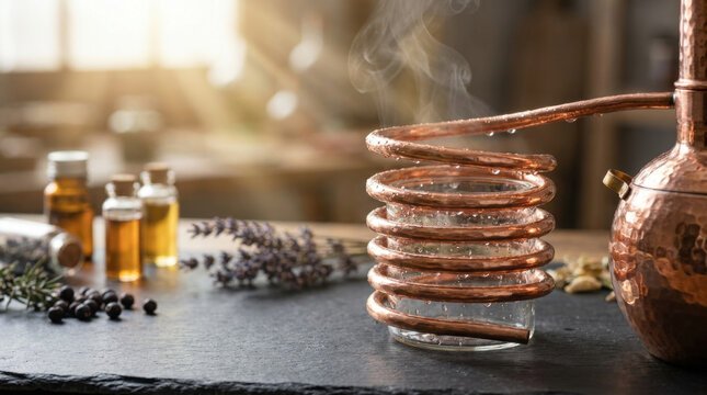 Botanical essential oil steam distillation with copper coil and glass vial in rustic laboratory